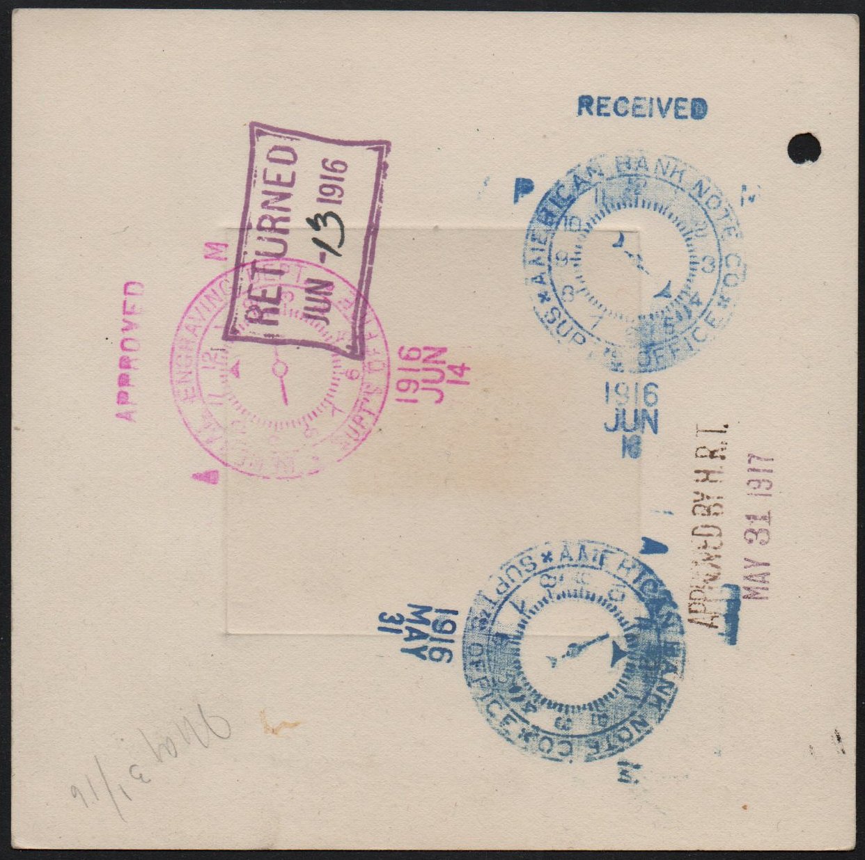 ABN Co. stamp archive working die proof of 6c violet - back - timbres-poste Briefmarken stamps El Salvador Tram Trolley Tranvia National Theatre teatro nacional 